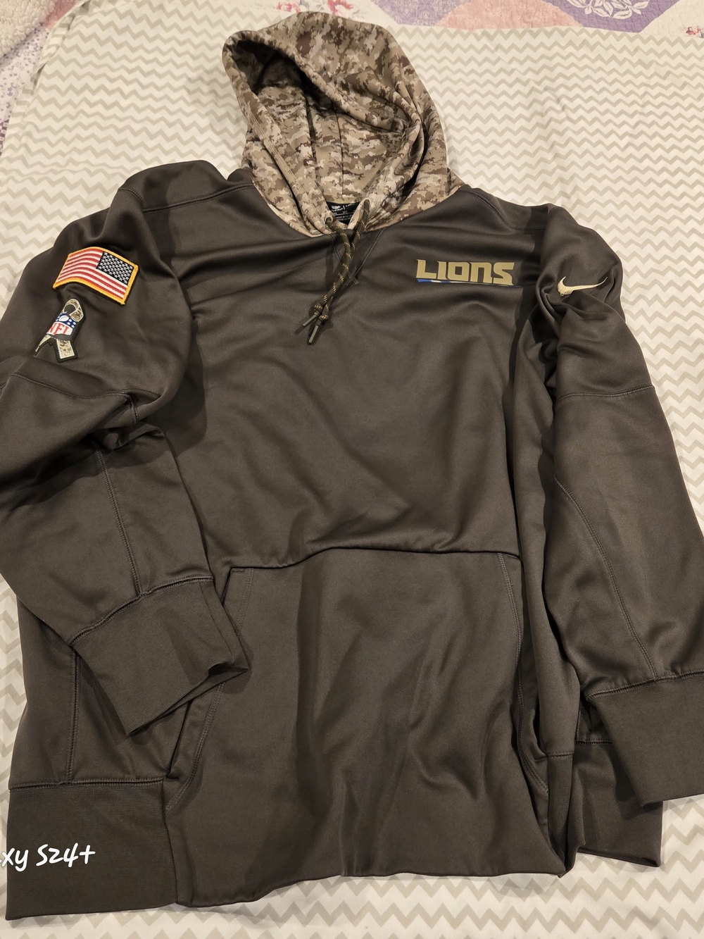 NFL Nike Salute to Service Olive Green Camo Hooded Pullover with Gold Lions Logo